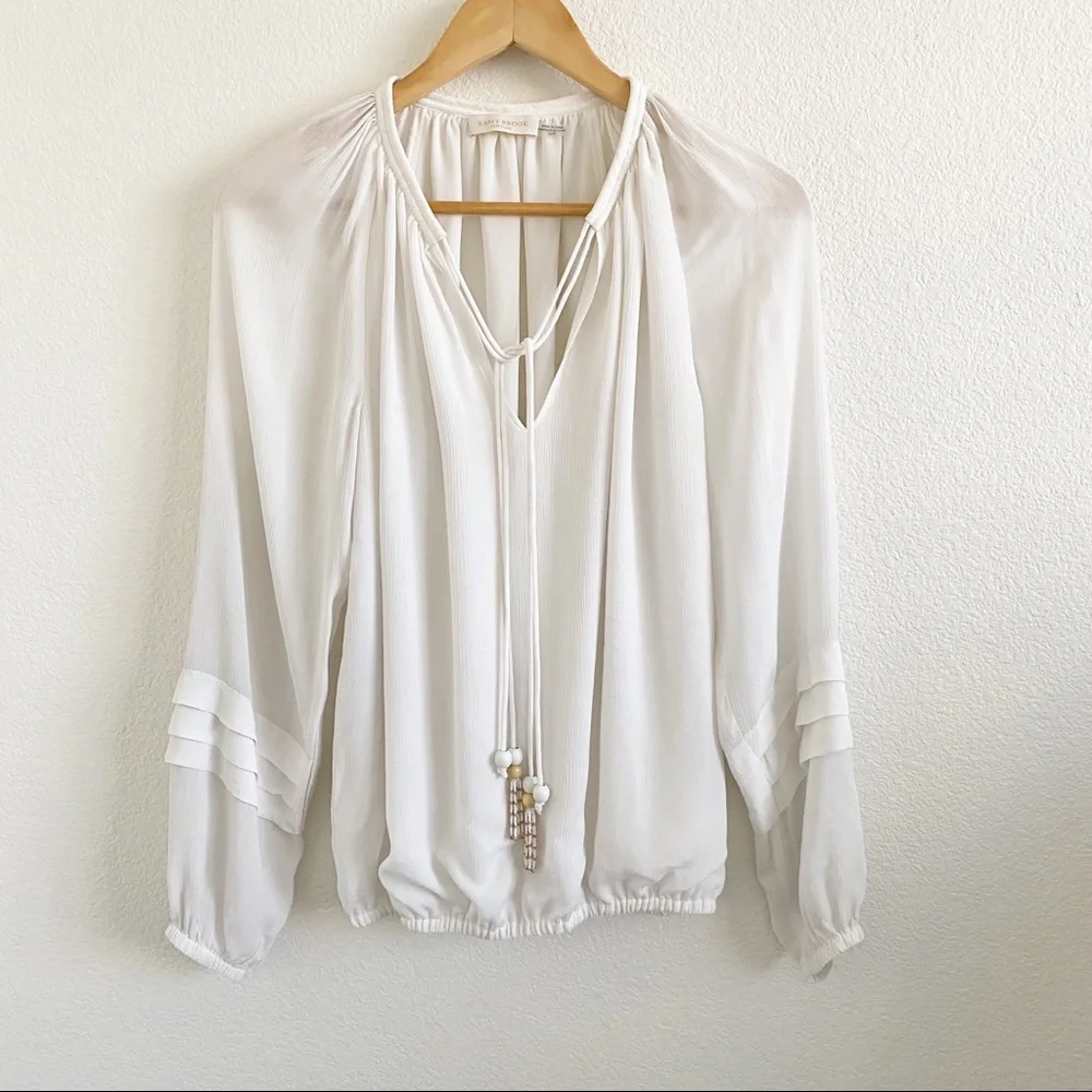 Ramy Brook White Silk Puff Sleeve Peasant Blouse Wooden Beaded Tassel XS - Picture 2 of 8
